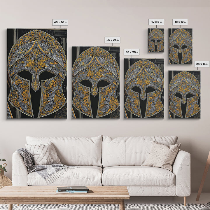 Antique Spartan Helmet with Mythical Inscriptions – Canvas Gold Art, Real Wood Framed Canvas Art, Aged Warrior Helmet Wall Art