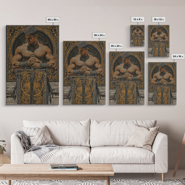 Roman Warrior With Ornate Shield, Canvas Gold Canvas Print, Mythology Wall Art, Gladiator Decor, Real Wood Framed Artwork