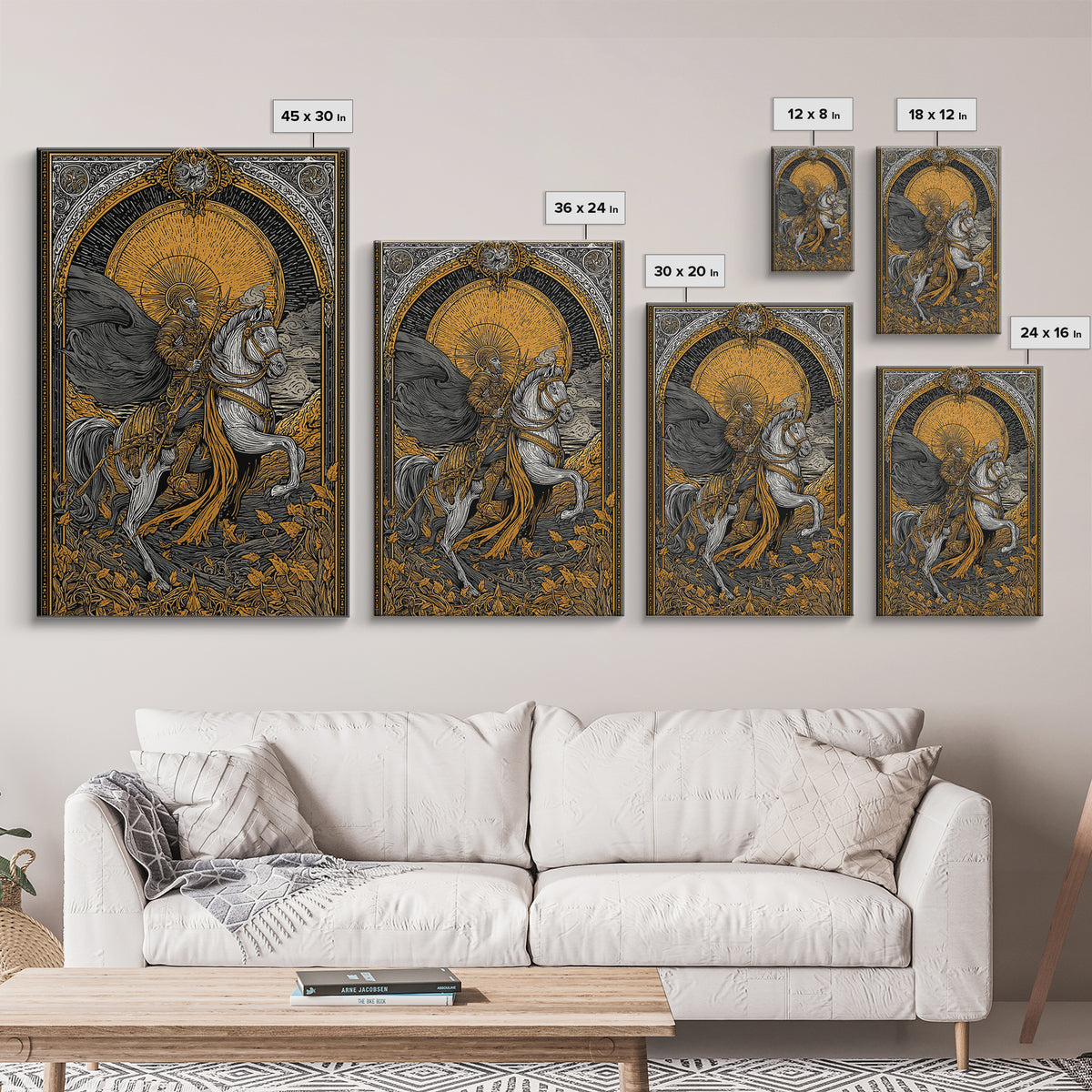 Knight On Horseback With Sun, Canvas Gold Canvas Print, Mythology Wall Art, Ancient Decor, Real Wood Frame Battle Artwork