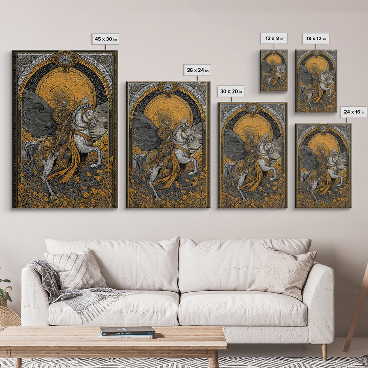 Knight On Horseback With Sun, Canvas Gold Canvas Print, Mythology Wall Art, Ancient Decor, Real Wood Frame Battle Artwork