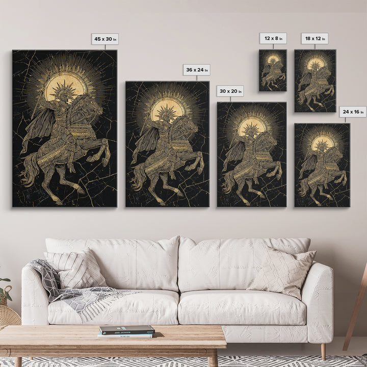 Heroic Warrior On Horseback, Canvas Gold Art, Ancient Soldier Wall Print, Mythology Decor, Real Wood Frame Epic Artwork