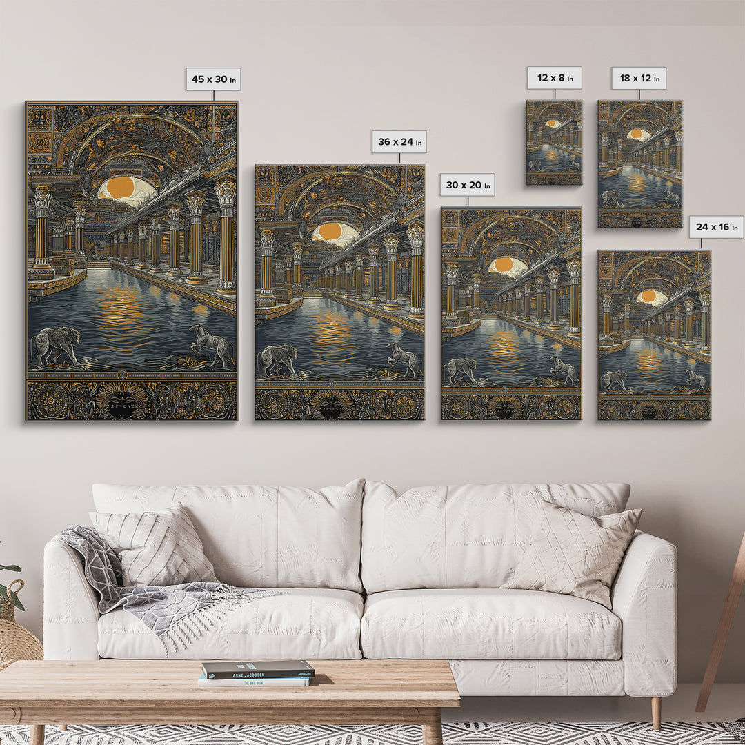 Ancient Temple Columns And Sun, Canvas Gold Canvas Print, Mythical Architecture Wall Art, Real Wood Framed Artwork