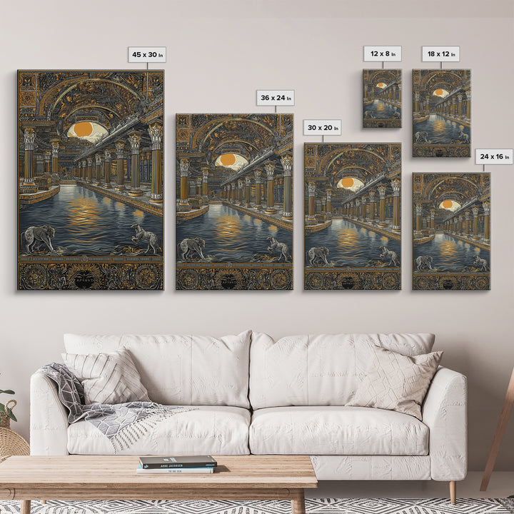 Ancient Temple Columns And Sun, Canvas Gold Canvas Print, Mythical Architecture Wall Art, Real Wood Framed Artwork