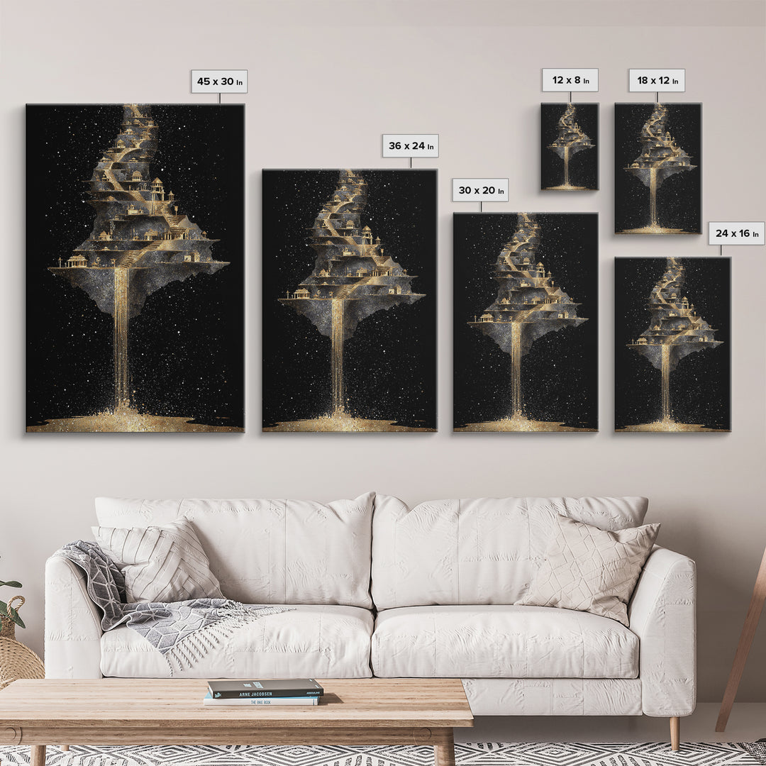 Floating Cosmic City Of Light, Canvas Gold Canvas Print, Fantasy Architecture Wall Art, Real Wood Framed Home Decor