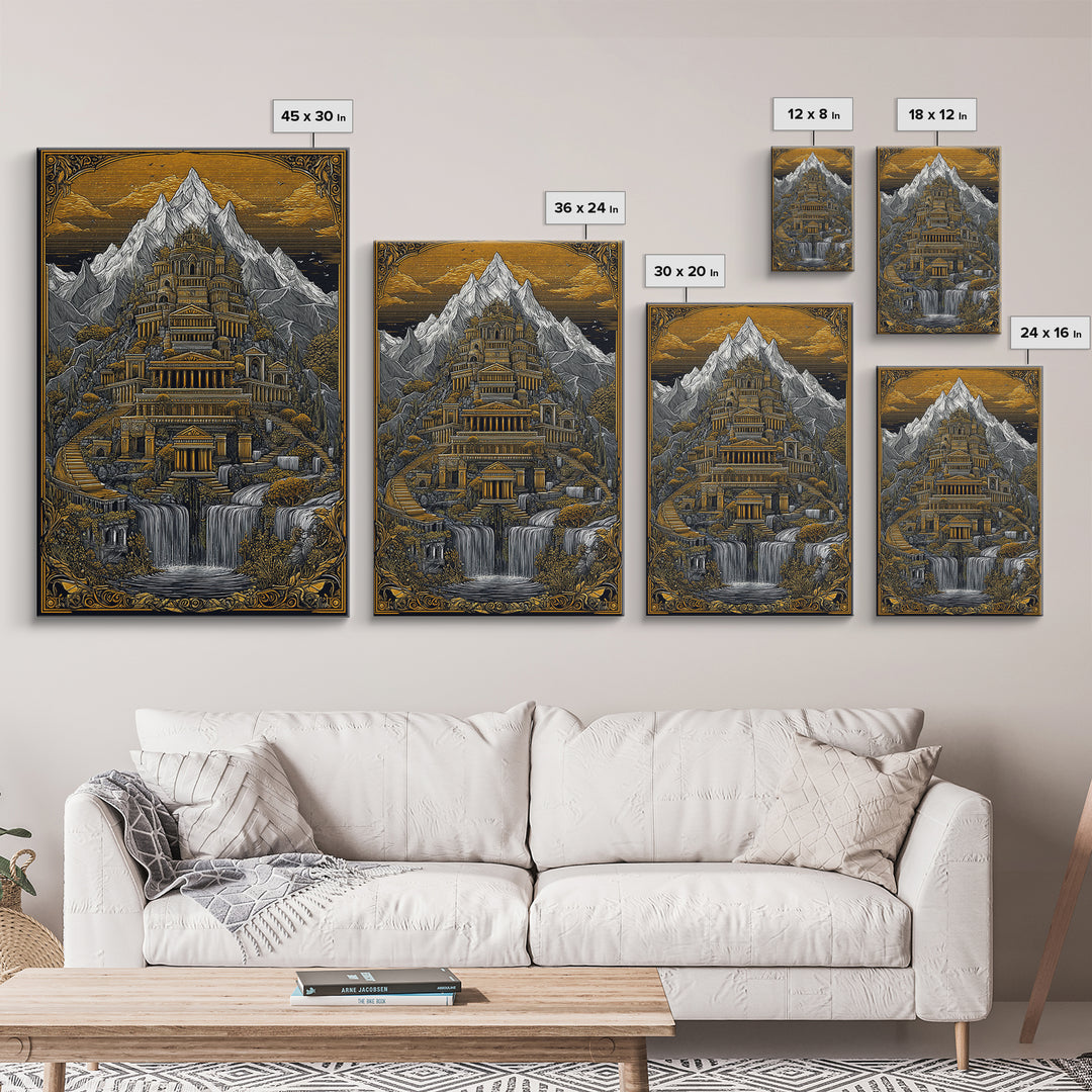 Mythical Mountain Palace With Waterfalls, Canvas Gold Canvas Print, Fantasy Landscape Art, Real Wood Framed Wall Decor