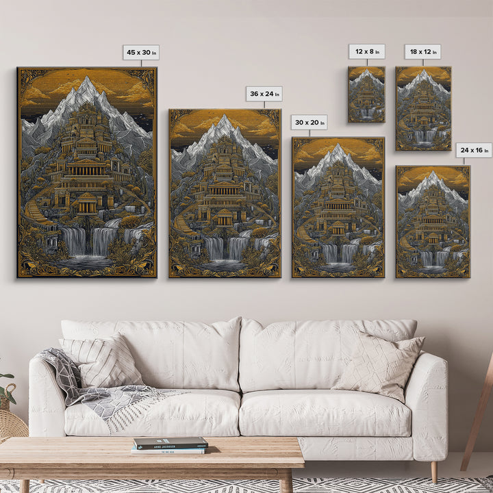 Mythical Mountain Palace With Waterfalls, Canvas Gold Canvas Print, Fantasy Landscape Art, Real Wood Framed Wall Decor
