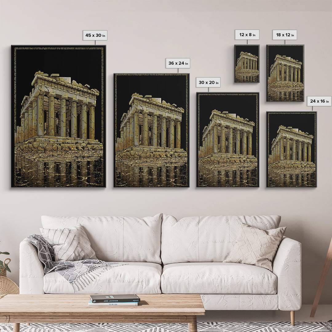 Ancient Ruins On Water Reflection, Canvas Gold Canvas Print, Classical Greek Architecture Wall Art, Real Wood Framed Art
