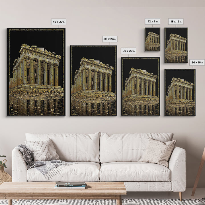 Ancient Ruins On Water Reflection, Canvas Gold Canvas Print, Classical Greek Architecture Wall Art, Real Wood Framed Art