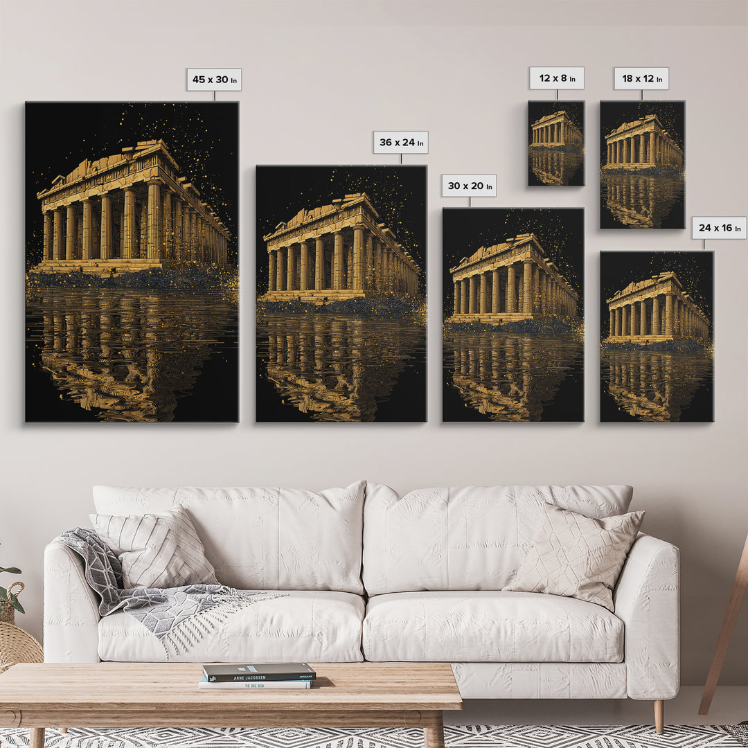 Parthenon Temple Reflection Shimmer, Canvas Gold Canvas Print, Ancient Greek Architecture Artwork, Real Wood Framed Decor