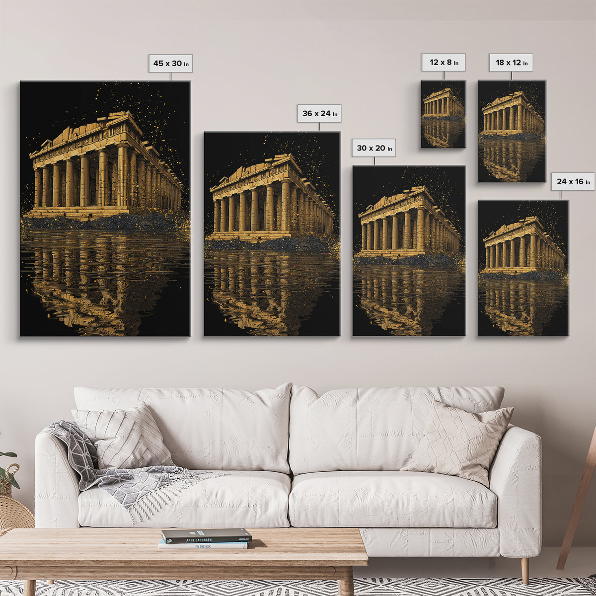 Parthenon Temple Reflection Shimmer, Canvas Gold Canvas Print, Ancient Greek Architecture Artwork, Real Wood Framed Decor