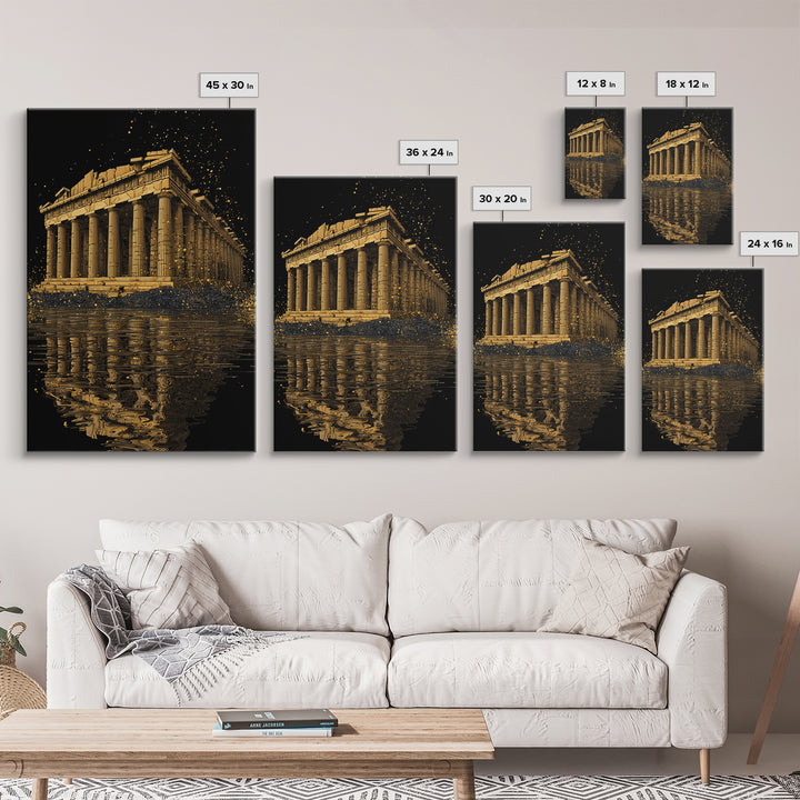 Parthenon Temple Reflection Shimmer, Canvas Gold Canvas Print, Ancient Greek Architecture Artwork, Real Wood Framed Decor