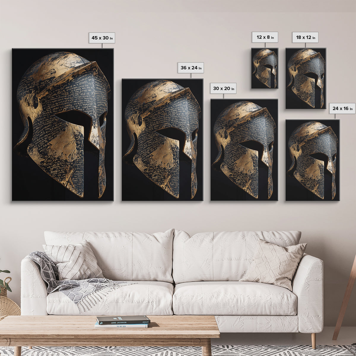 Heavily Ornamented Greek Helmet with Laurel Motif – Canvas Gold Art, Premium Framed Canvas Art with Real Wood, Heroic Wall Display
