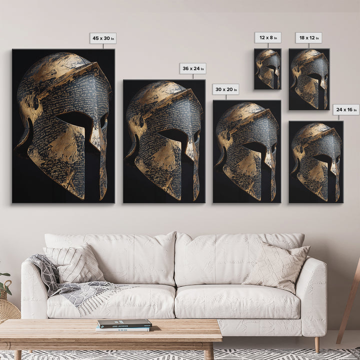 Heavily Ornamented Greek Helmet with Laurel Motif – Canvas Gold Art, Premium Framed Canvas Art with Real Wood, Heroic Wall Display