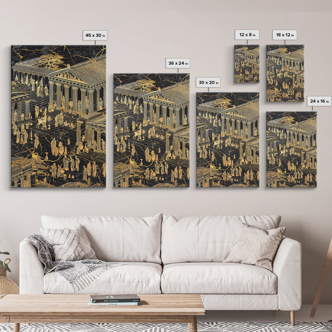 Ancient Marketplace With Temples, Canvas Gold Canvas Print, Classical Greek Architecture Wall Art, Real Wood Framed Decor