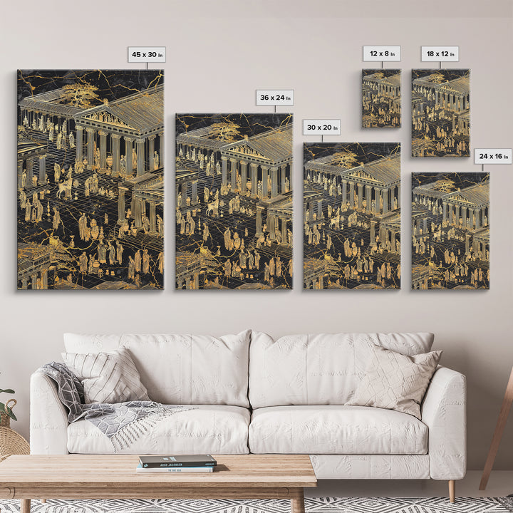 Ancient Marketplace With Temples, Canvas Gold Canvas Print, Classical Greek Architecture Wall Art, Real Wood Framed Decor