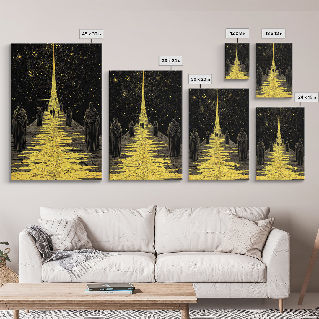 Celestial Path Of Golden Light, Canvas Gold Art, Mystical Night Sky Fantasy Print, Real Wood Framed Wall Artwork