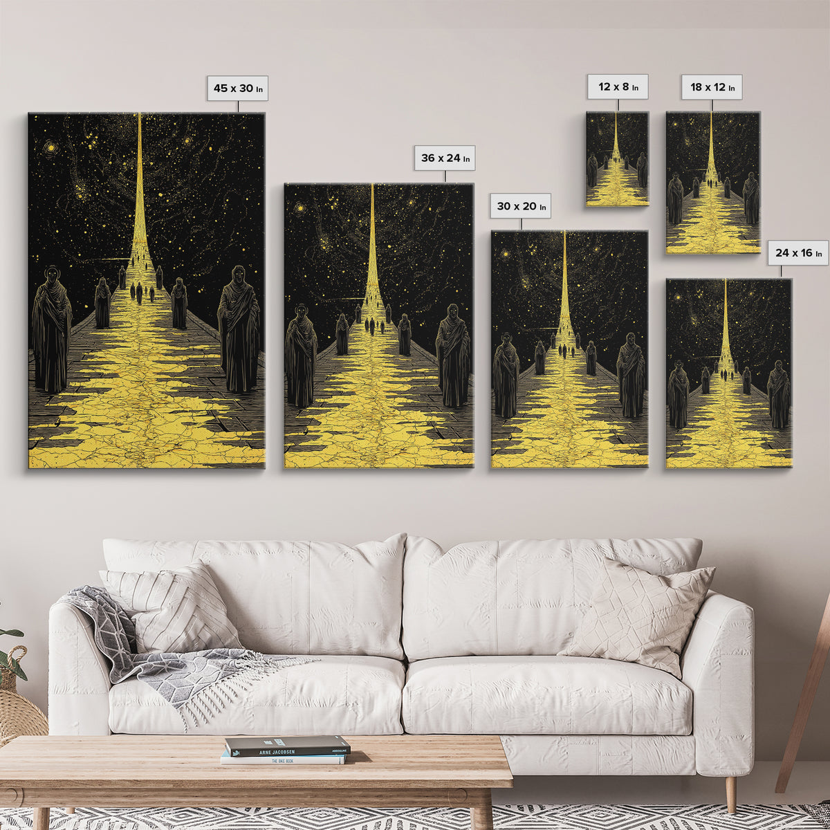 Celestial Path Of Golden Light, Canvas Gold Art, Mystical Night Sky Fantasy Print, Real Wood Framed Wall Artwork