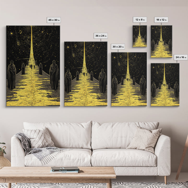 Celestial Path Of Golden Light, Canvas Gold Art, Mystical Night Sky Fantasy Print, Real Wood Framed Wall Artwork