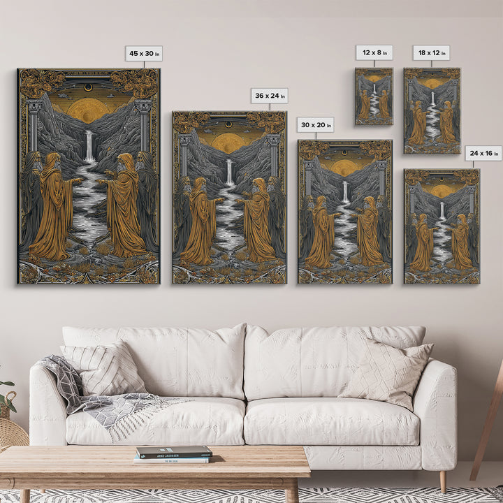 Golden Sun Over Waterfall Valley, Canvas Gold Canvas Print, Mythical Landscape Fantasy Art, Real Wood Framed Wall Decor