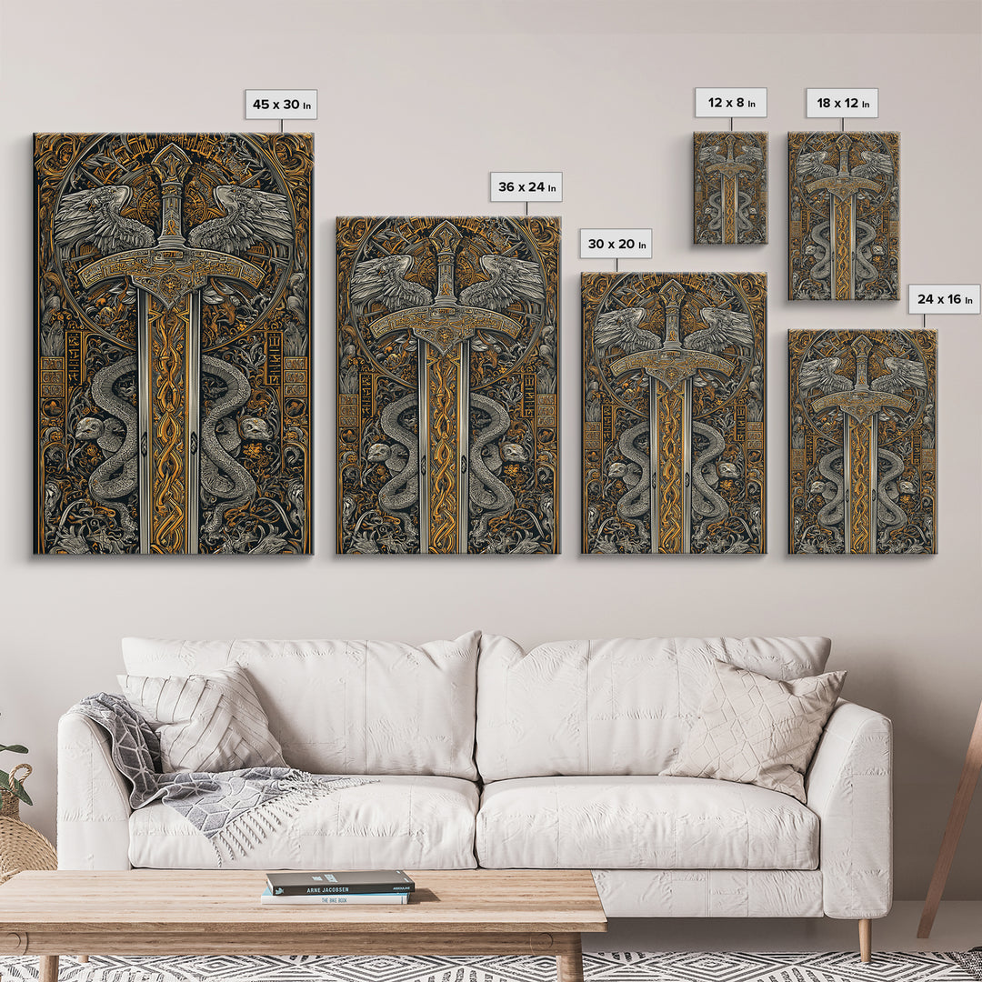 Ornate Sword With Serpents And Wings, Canvas Gold Canvas Print, Medieval Fantasy Wall Art, Real Wood Framed Artwork