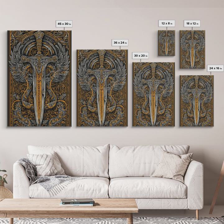 Winged Sword Surrounded By Dragons, Canvas Gold Art, Medieval Fantasy Canvas Print, Real Wood Framed Mythical Decor