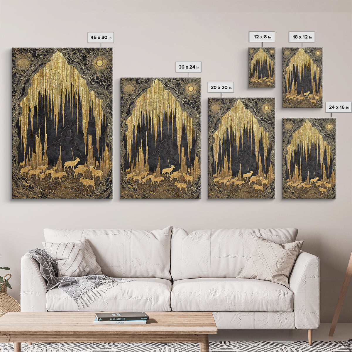 Golden Cave With Mountain Goats, Canvas Gold Canvas Print, Mythical Nature Landscape Art, Real Wood Framed Wall Decor
