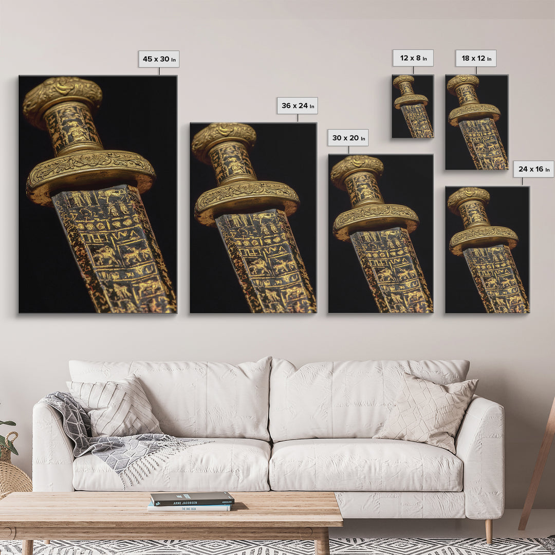 Ancient Sword With Etched Symbols, Canvas Gold Canvas Print, Mystical Weaponry Wall Art, Real Wood Framed Artwork