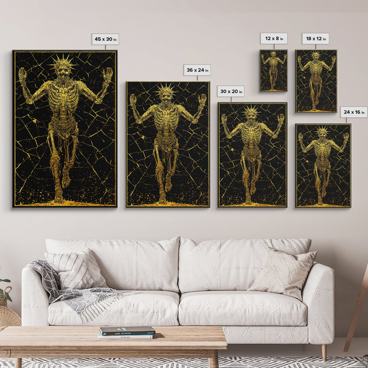 Golden Skeleton With Radiant Crown, Canvas Gold Art, Mythical Dark Fantasy Wall Print, Real Wood Framed Decor