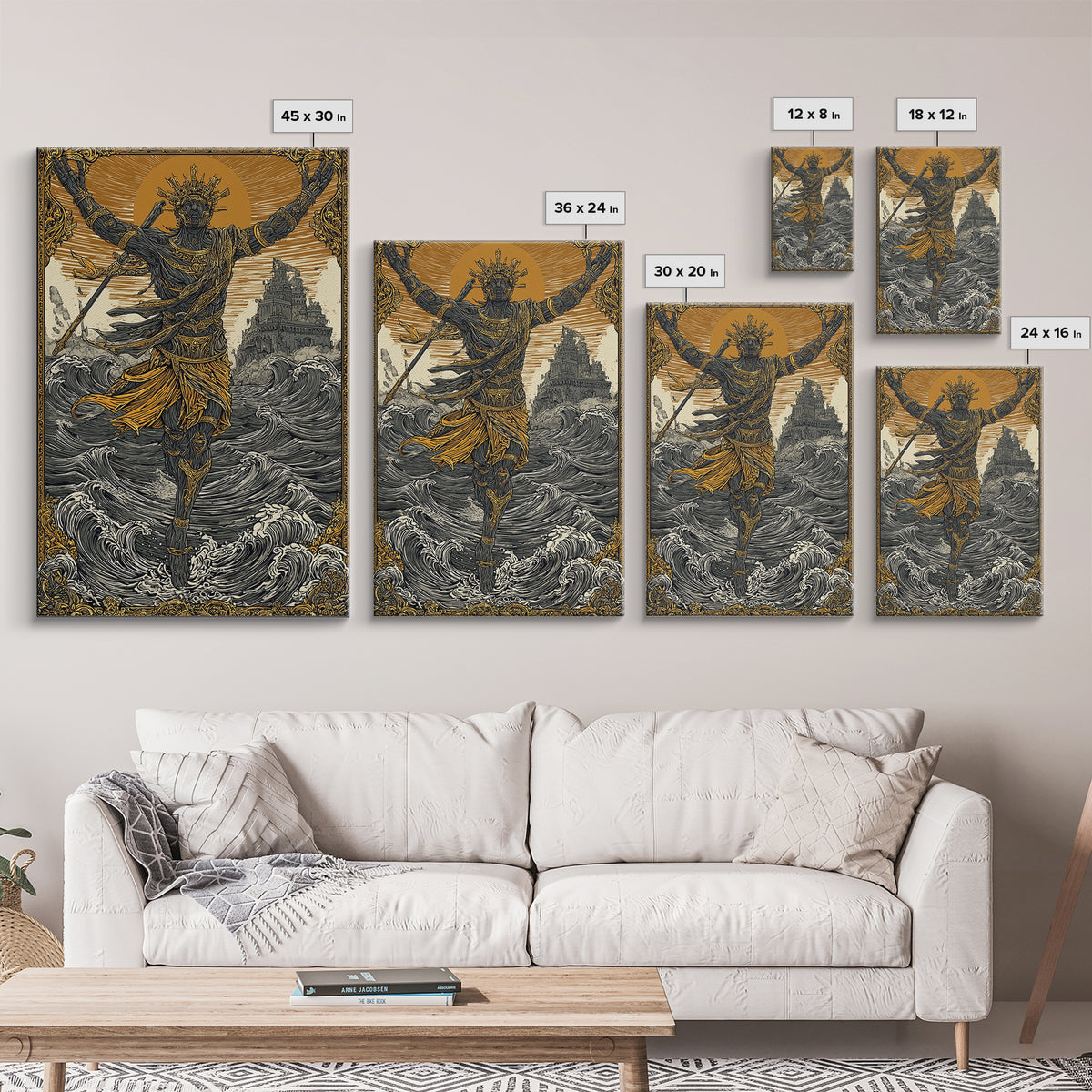 Sea God Statue Rising From Waves, Canvas Gold Canvas Print, Mythical Ocean Fantasy Wall Art, Real Wood Framed Decor