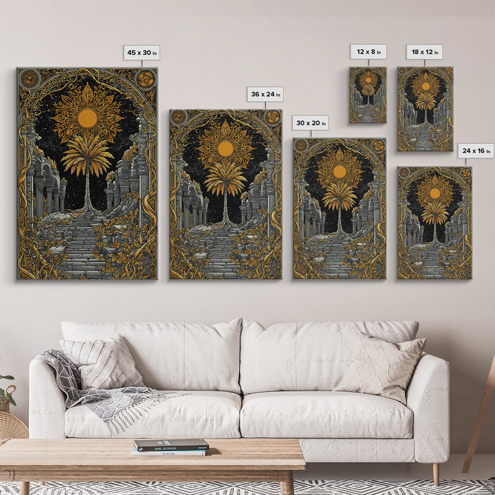 Golden Sun And Palm Canvas Gold Canvas Print, Mythical Ruins Wall Art, Real Wood Frame Ancient Greece Decor