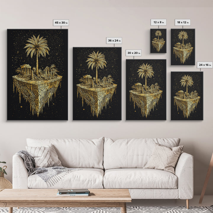 Floating Island Ruins Canvas Gold Art, Ancient Greek Temple Canvas Print, Real Wood Frame Mythology Decor