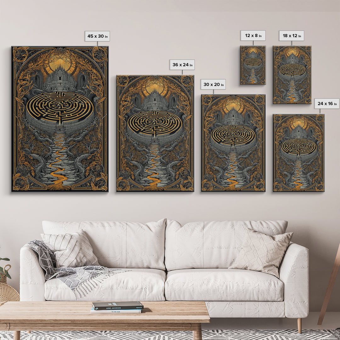 Labyrinth Path Canvas Gold Canvas Print, Ancient Maze Wall Art, Real Wood Frame Mythology Inspired Decor
