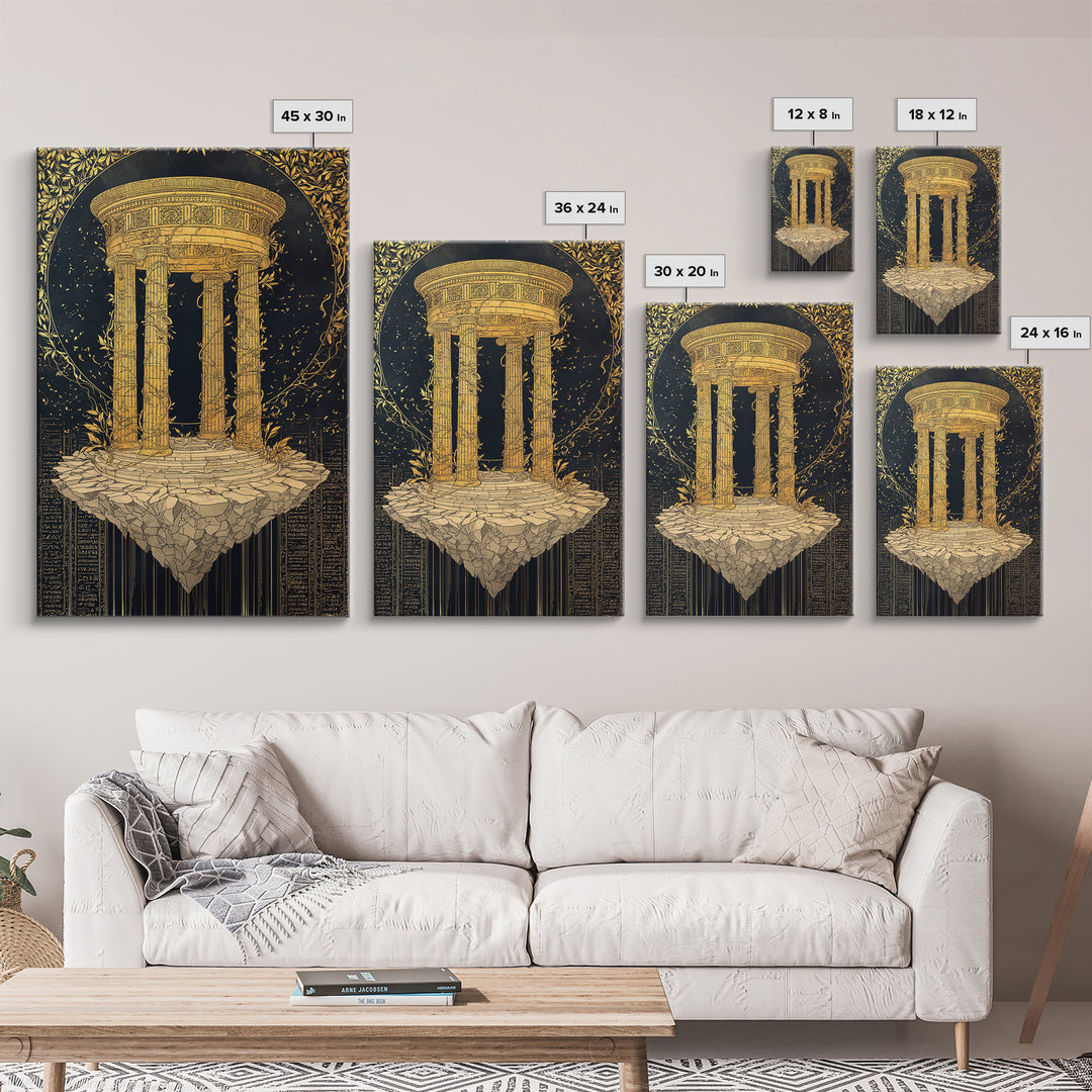 Floating Temple Canvas Gold Canvas Print, Classical Architecture Art, Real Wood Frame Ancient Greece Decor