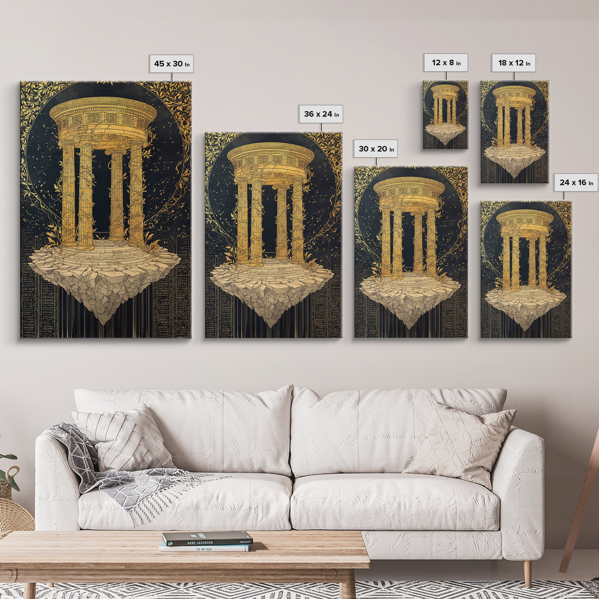 Floating Temple Canvas Gold Canvas Print, Classical Architecture Art, Real Wood Frame Ancient Greece Decor