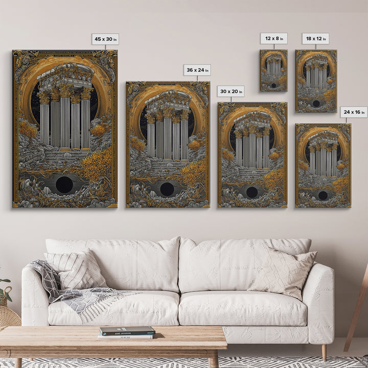 Ancient Greek Columns Canvas Gold Art, Ruins Wall Decor Canvas Print, Real Wood Frame Classical Architecture
