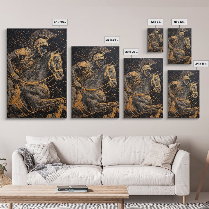 Spartan Horseback Warrior in Motion – Canvas Gold Art, Splatter Style Canvas Art, Ancient Greek Military Wall Decor
