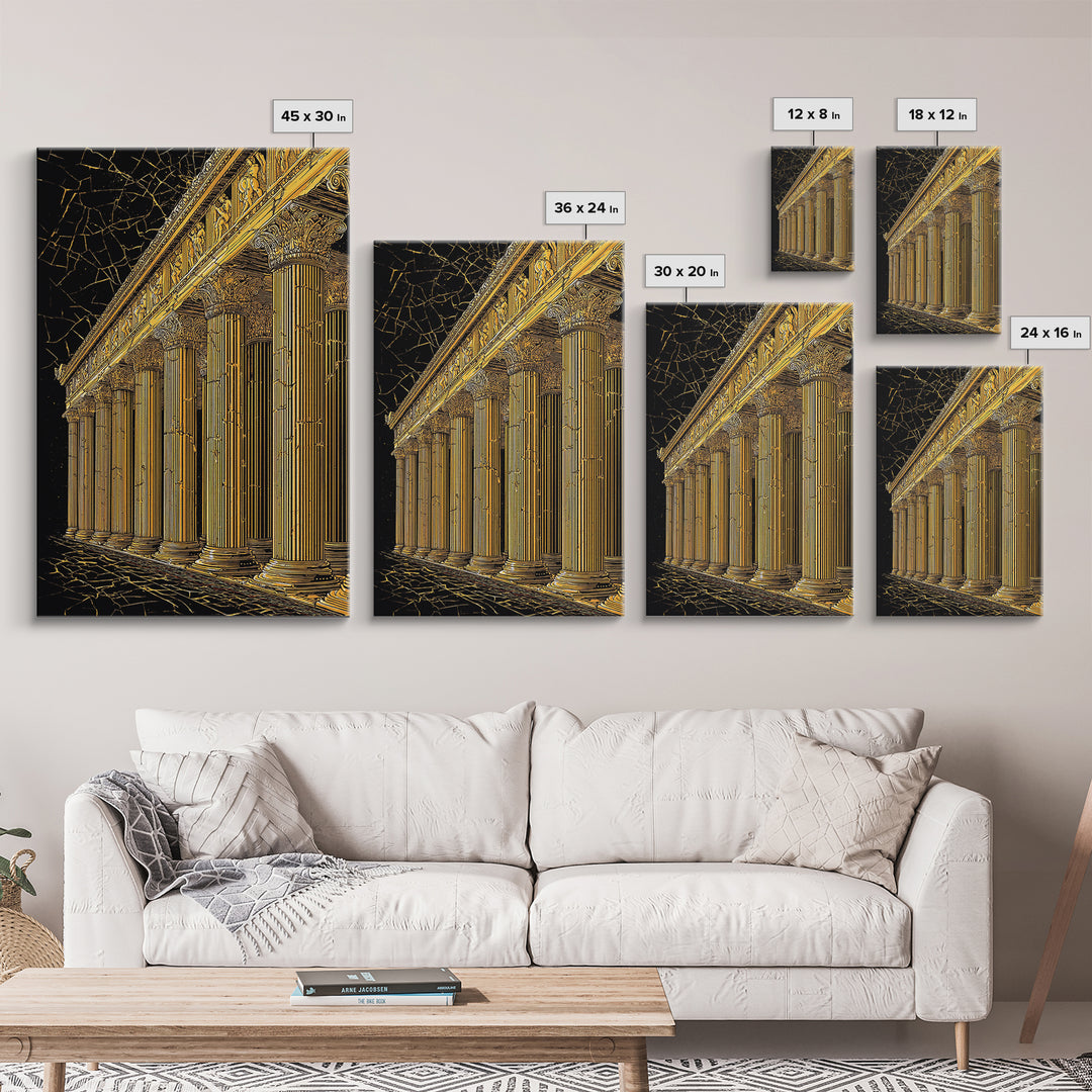 Ancient Parthenon Columns Canvas Gold Art, Classical Ruins Wall Decor, Real Wood Frame Canvas Print Decor