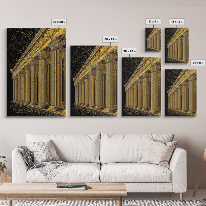Ancient Parthenon Columns Canvas Gold Art, Classical Ruins Wall Decor, Real Wood Frame Canvas Print Decor