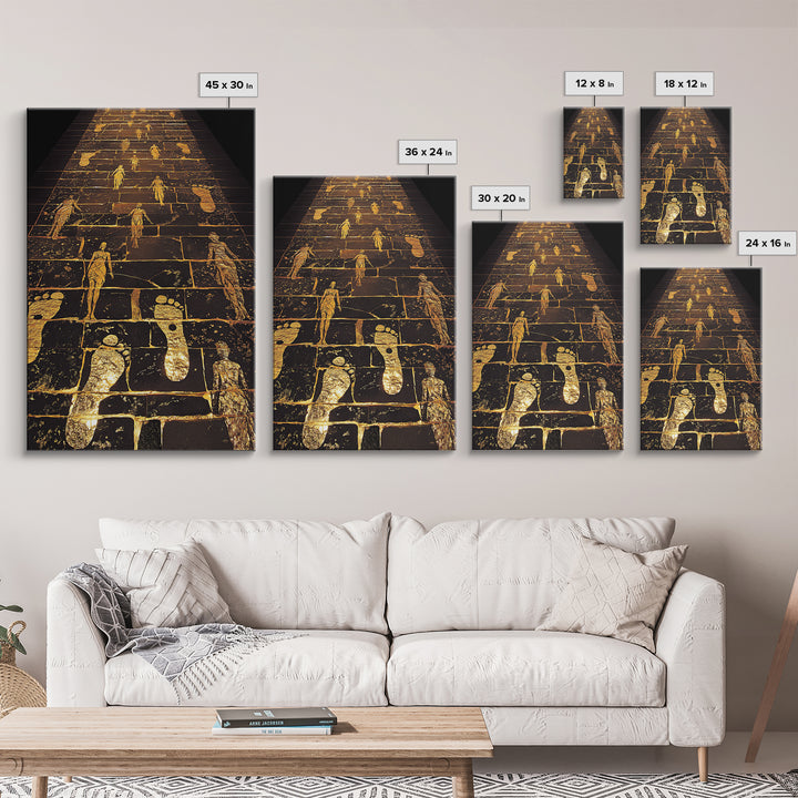 Golden Pathway Of Eternity, Mythic Footsteps, Canvas Gold Canvas Print, Real Wood Frame Wall Art
