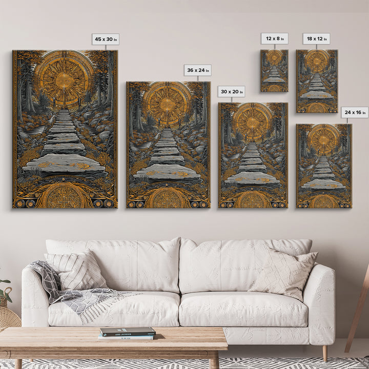 Celestial Gate, Mystical Sun Mandala, Path Of Light, Canvas Gold Canvas Print, Real Wood Frame Wall Art