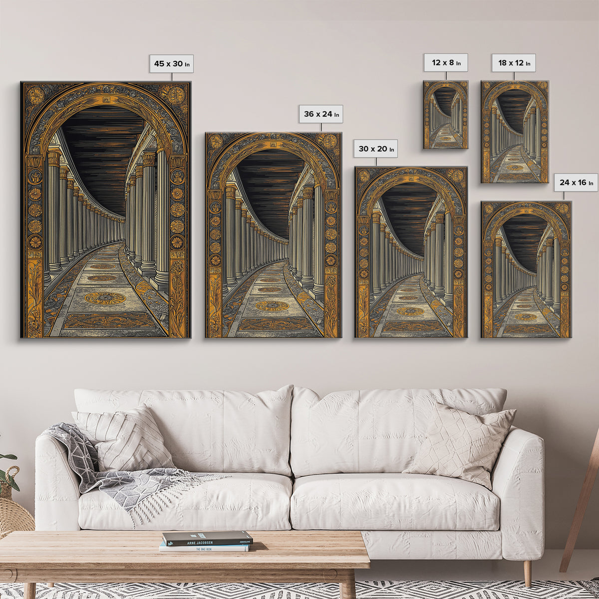 Endless Colonnade, Ancient Architecture Corridor, Canvas Gold Canvas Print, Real Wood Frame Wall Art
