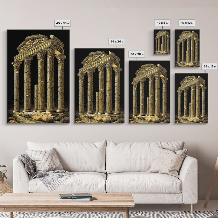 Greek Temple Ruins, Timeless Classical Columns, Canvas Gold Canvas Print, Real Wood Frame Wall Art