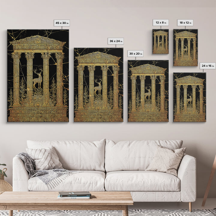 Stag At The Temple, Mythic Nature Scene, Canvas Gold Canvas Print, Real Wood Frame Wall Art