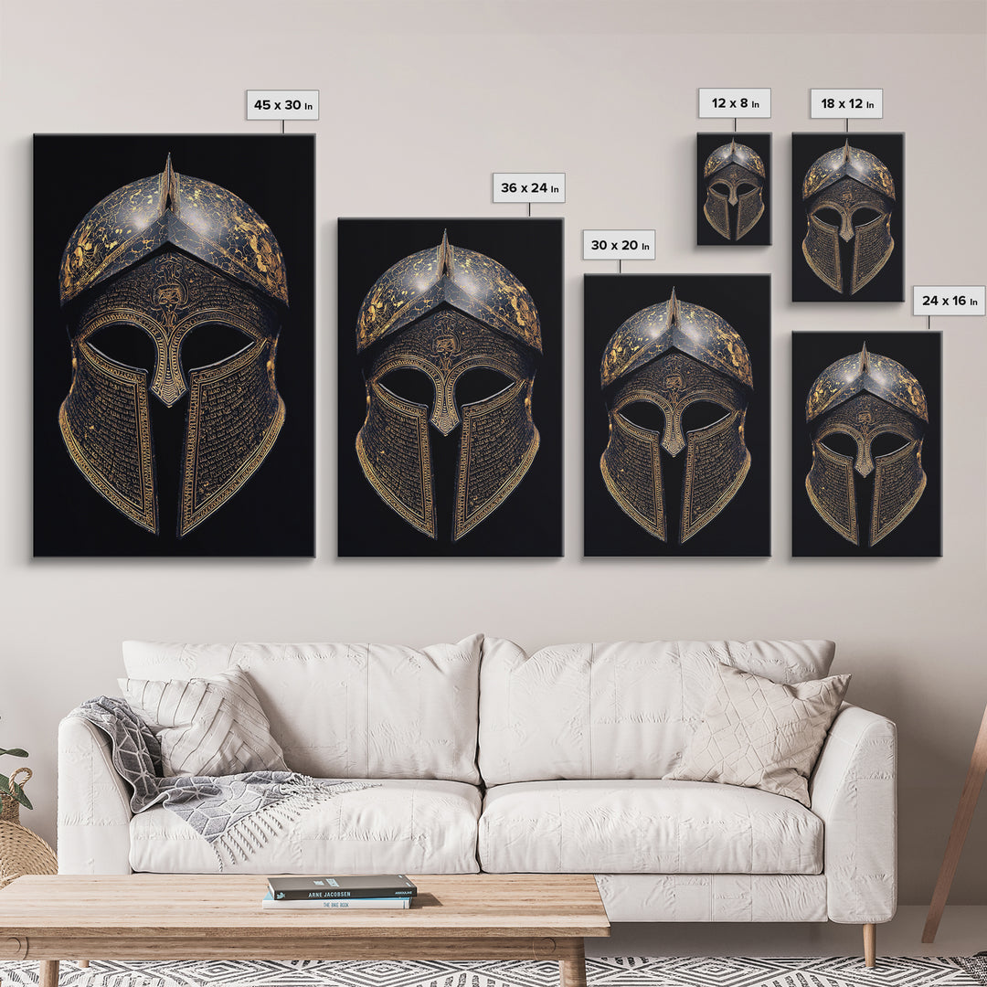Ancient Greek Helmet with Cracked Texture and Text – Canvas Gold Art, Real Wood Frame Canvas Art, Historical Spartan Wall Decor