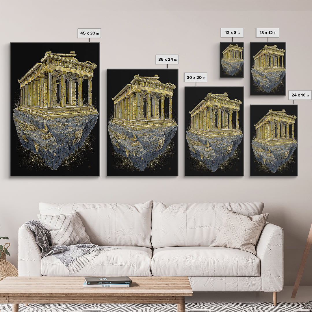 Floating Ancient Temple, Surreal Greek Ruins, Canvas Gold Canvas Print, Real Wood Frame Wall Art
