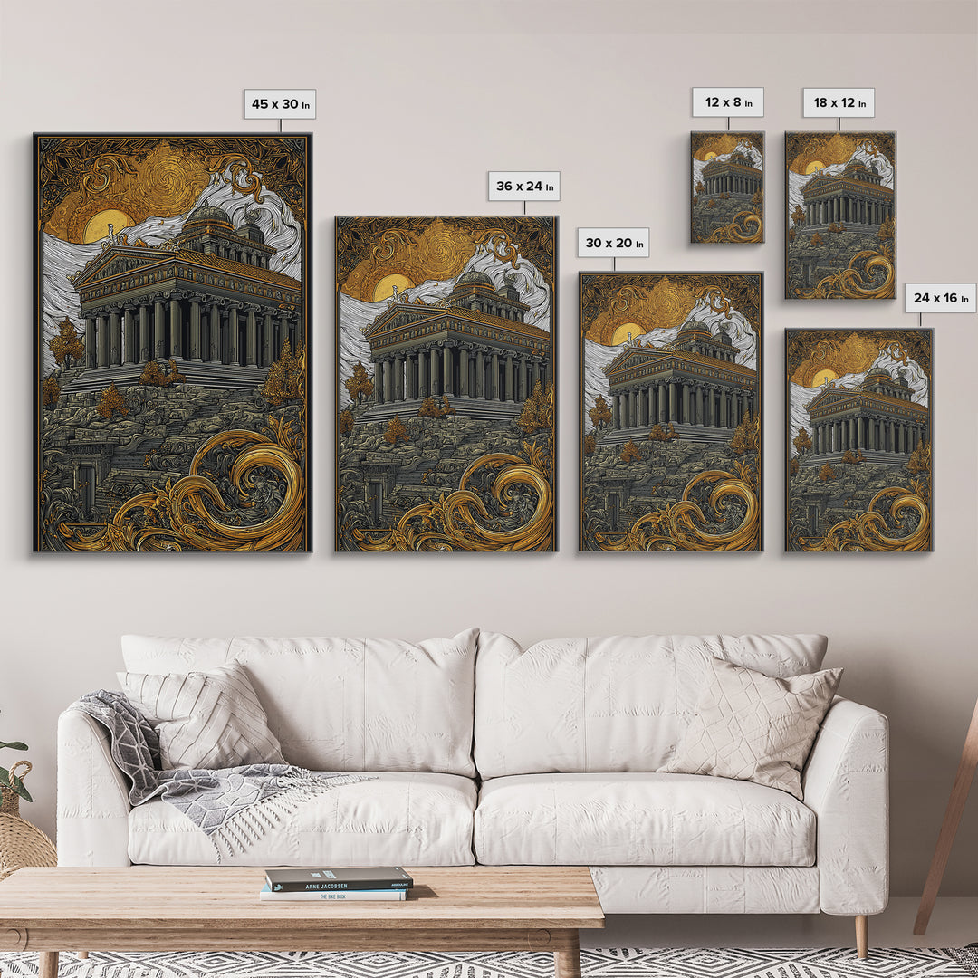 Greek Temple At Sunset, Ancient Architecture Wall Art, Canvas Gold Canvas Print, Mythology Home Decor, Wood Frame
