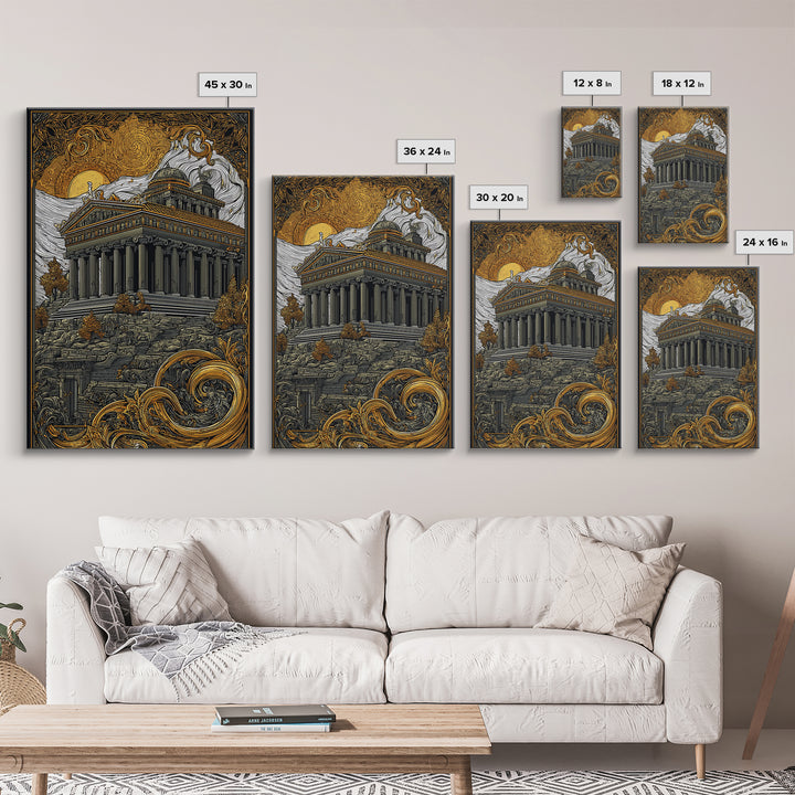 Greek Temple At Sunset, Ancient Architecture Wall Art, Canvas Gold Canvas Print, Mythology Home Decor, Wood Frame