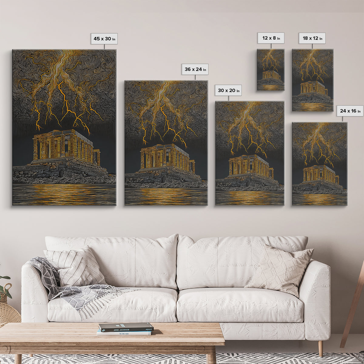 Parthenon With Lightning Storm, Dramatic Greek Myth Wall Art, Canvas Gold Canvas Print, Ancient Decor, Wood Frame