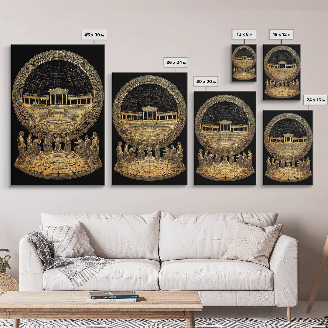 Greek Amphitheater With Muses, Ancient Mythology Wall Decor, Canvas Gold Canvas Print, Classical Art, Wood Frame