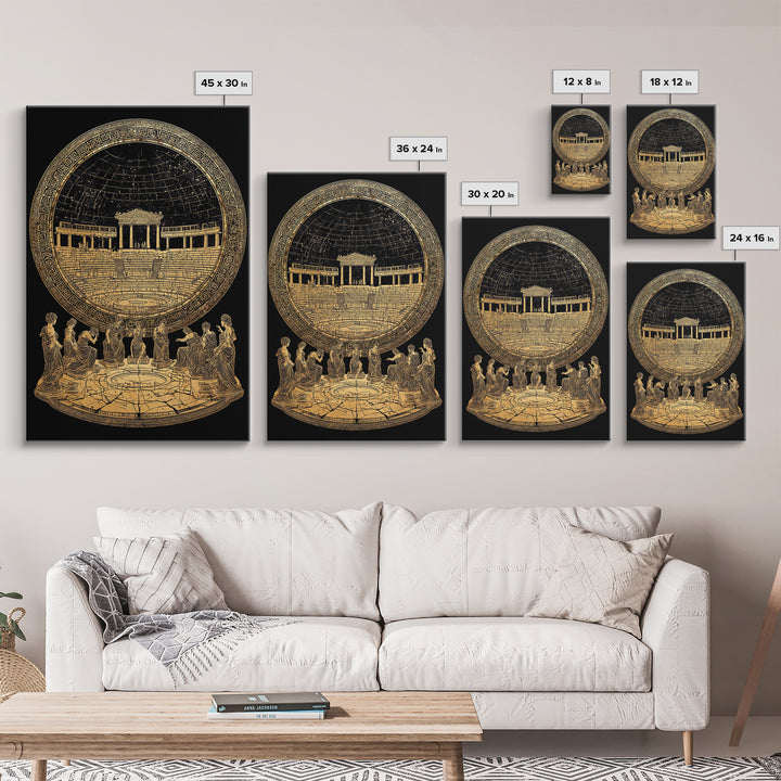 Greek Amphitheater With Muses, Ancient Mythology Wall Decor, Canvas Gold Canvas Print, Classical Art, Wood Frame